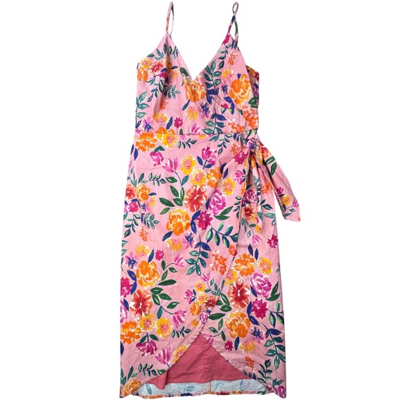 LOVERS + FRIENDS Orchid Dress Sunset Floral Wrap Midi Dress Linen Blend Medium - Picture 4 of 14